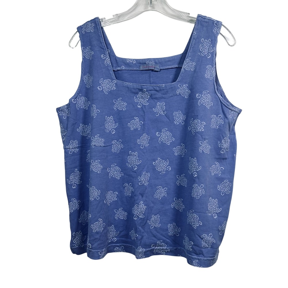 Fresh Produce Blue Sea Turtle Print Tank Top XL Cotton Square Neck Made in USA